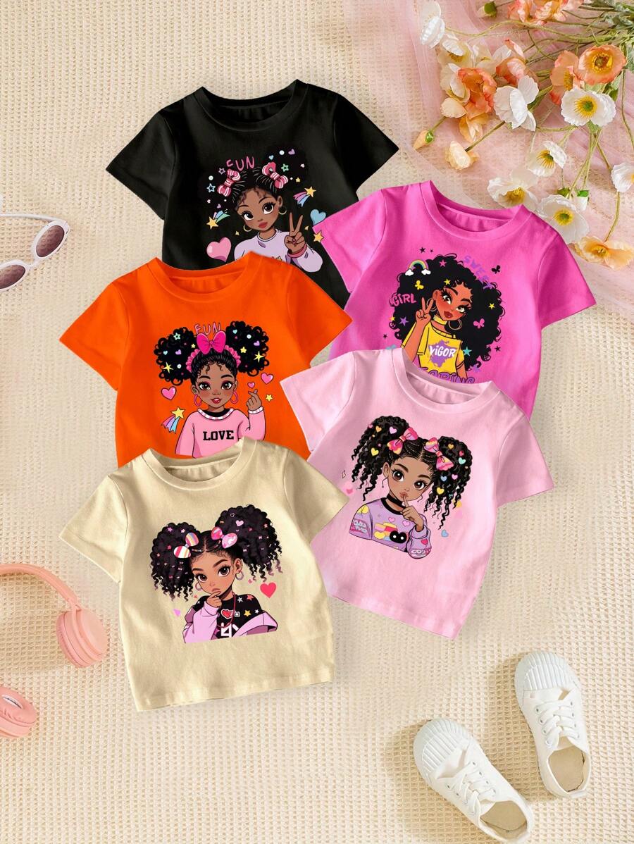 Set da 5 pezzi di magliette a maniche corte con grafica carina e fresca, collo rotondo, adatto per bambine, perfetto per l'estate