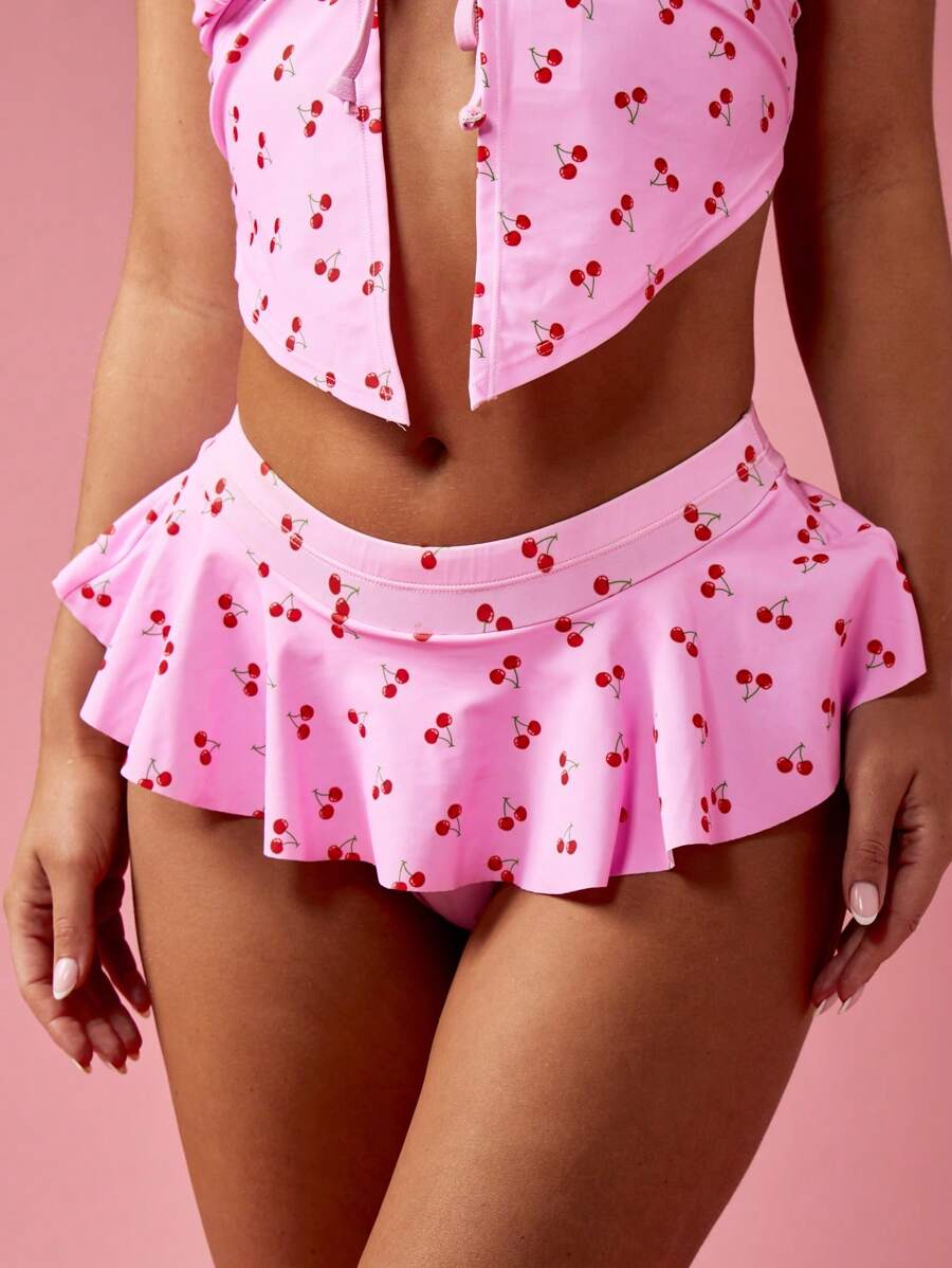 MISSGUIDED Bottom de bikini fruncida con estampado de cereza dulce, falda con volantes para playa y natación, traje de baño de vacaciones de verano, ropa de playa hawaiana
