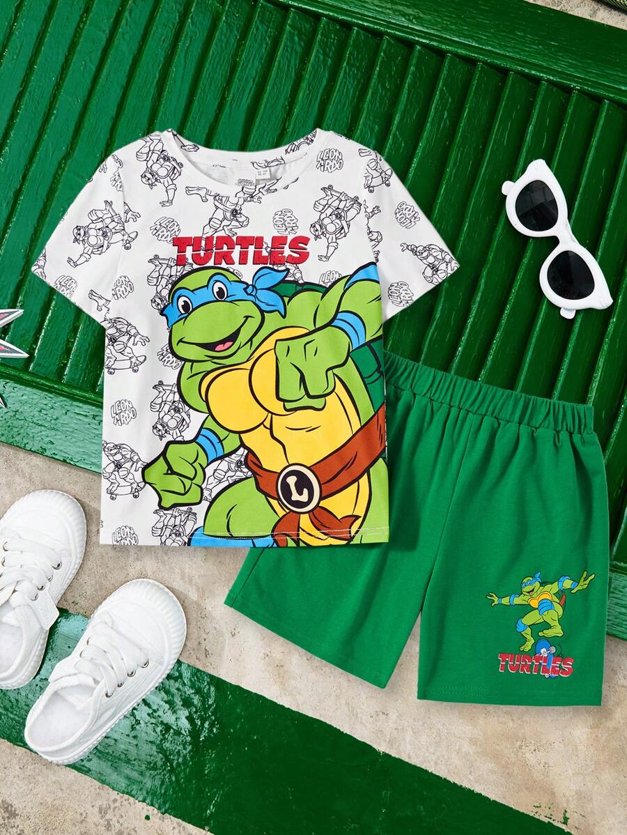 TEENAGE MUTANT NINJA TURTLES X SHEIN Set da 2 pezzi, maglietta a girocollo a maniche corte con stampa di cartone animato e pantaloncini per ragazzi giovani