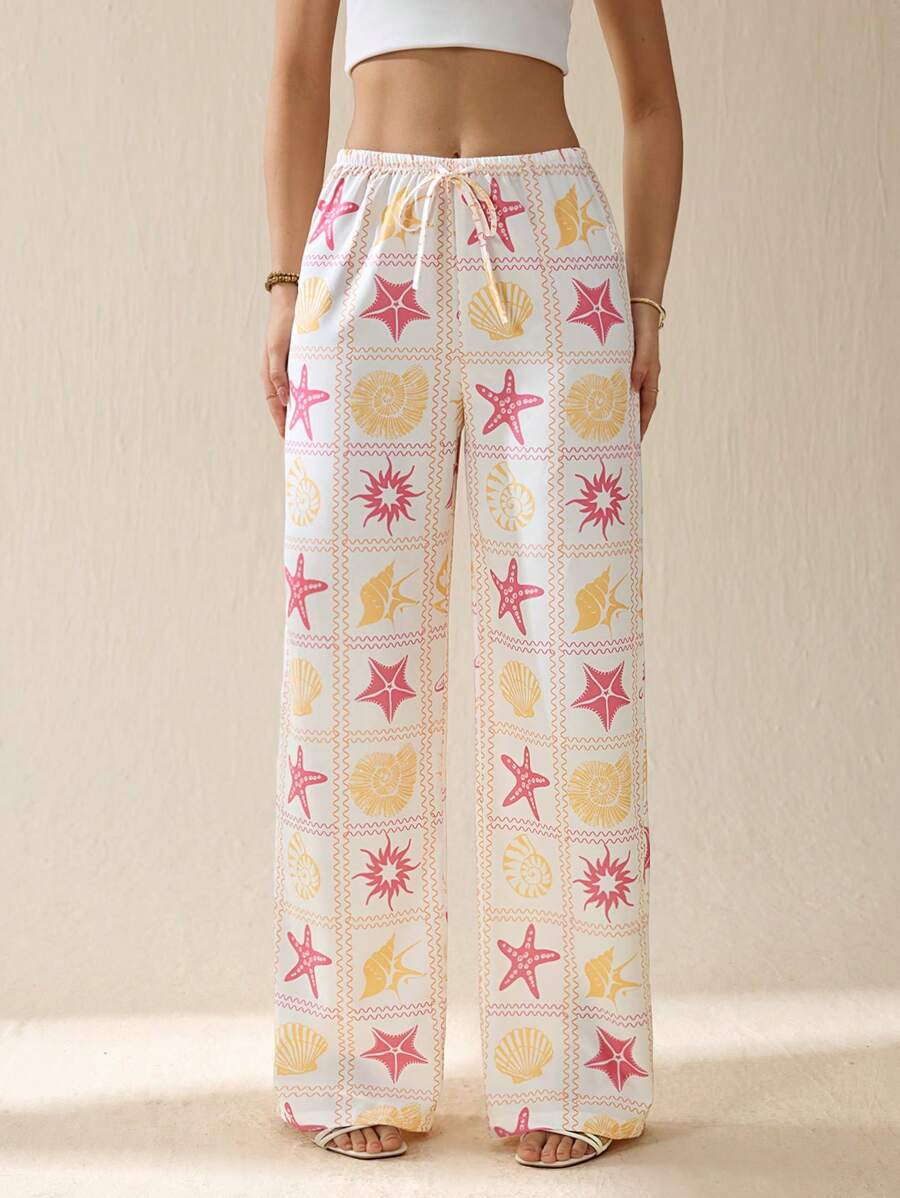 SHEIN Tall Pantaloni lunghi con stampa a stelle marine, vita bassa, adatti per l'estate in vacanza