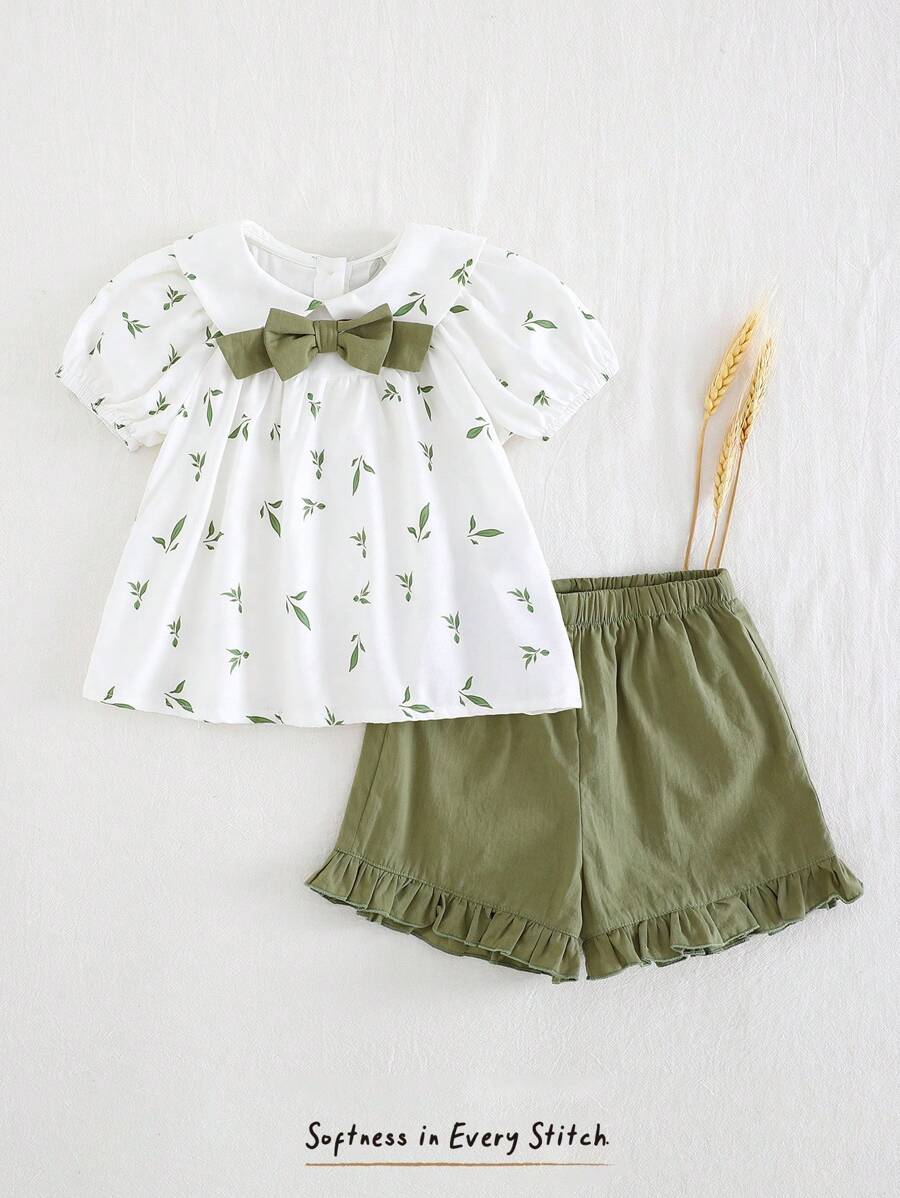 Cozy Pixies Toddler Girl Floral Print Ruffle Collar Puff Sleeve Cardigan Top And Solid Color Elastic Waist Shorts 2Pcs Set