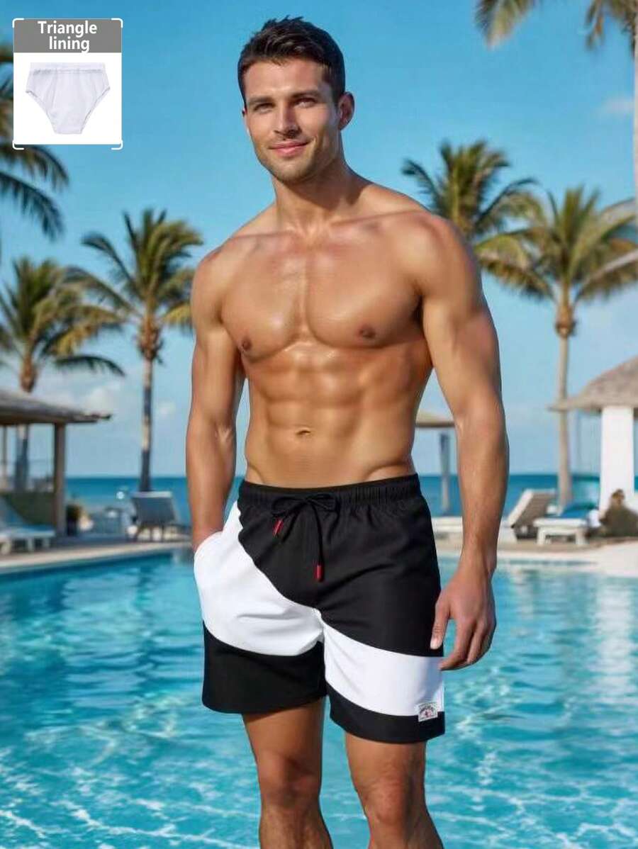 Manfinity Swimmode Shorts de playa para hombre con estampado de letras, cintura con cordón y color contrastante, estilo hawaiano