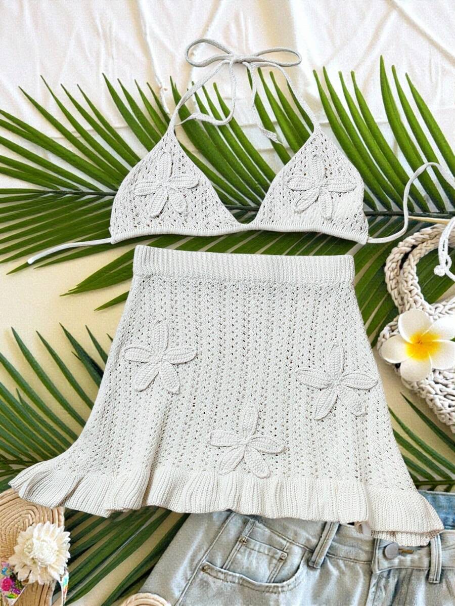 Comfortcana Set da 2 pezzi da donna, costume da bagno a collo alto di colore unito e minigonna
