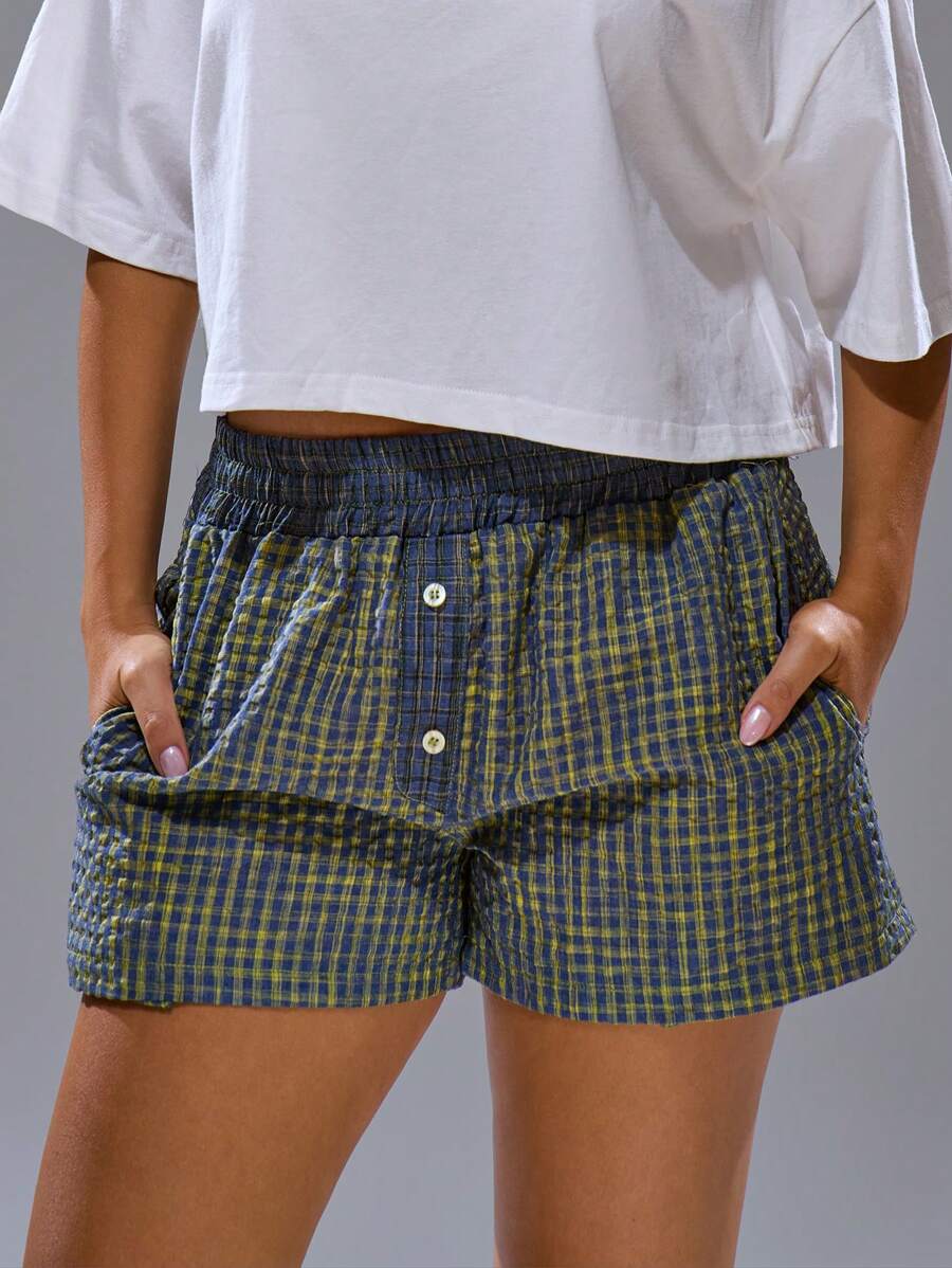 MUSERA Linen Look Check Plaid Mini Button Elasticated Waist Shorts Spring Summer Streetwear Y2k Cool Girl Beach Western City Muse Vacation
