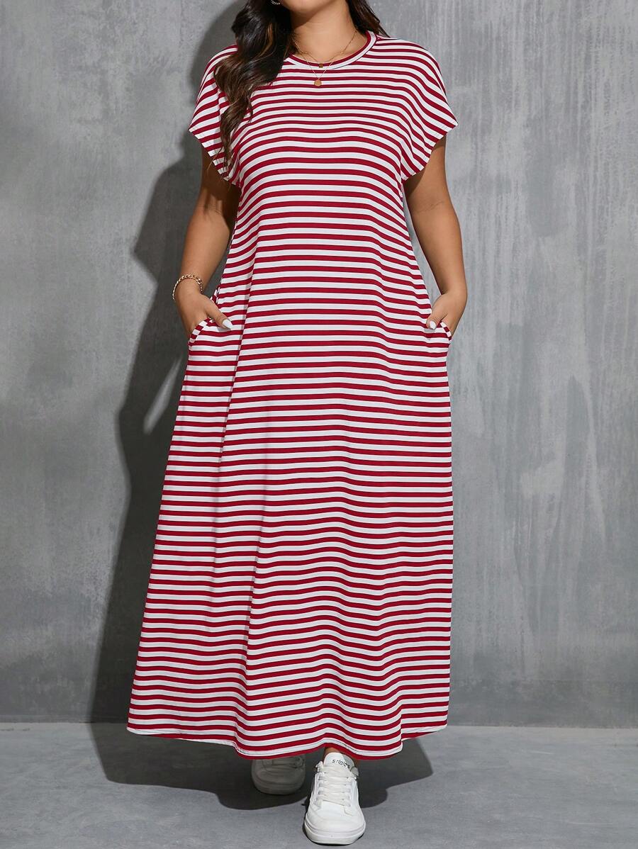 SHEIN Essnce Plus Size Women's Round Neck Waisted Black & White Striped Side Pockets Long Sleeve Dress