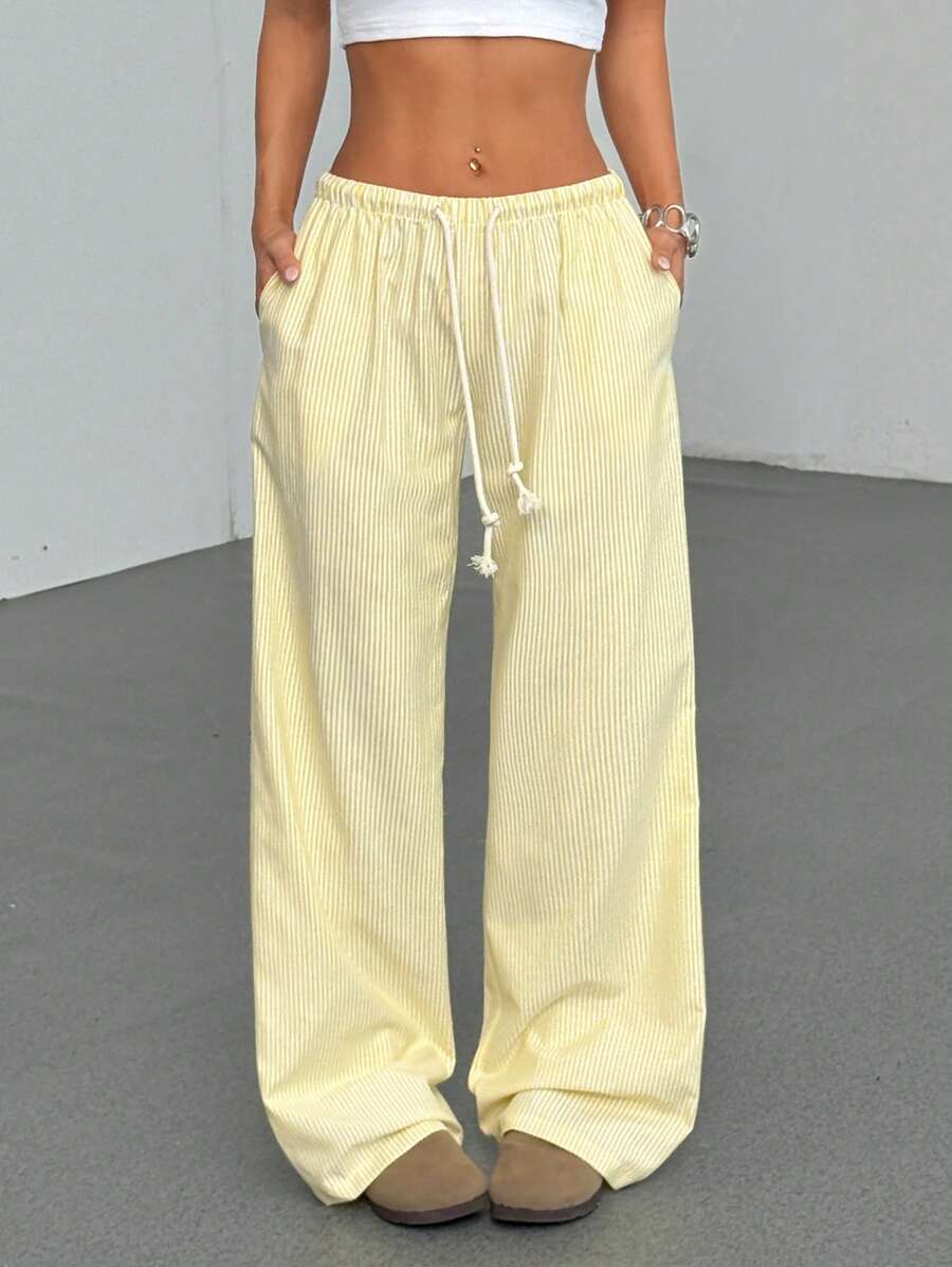 TRNVIE Pantalones rectos de pierna de cintura baja con cordón de algodón rosa, ropa casual de moda para el hogar para mujer, temporada de primavera