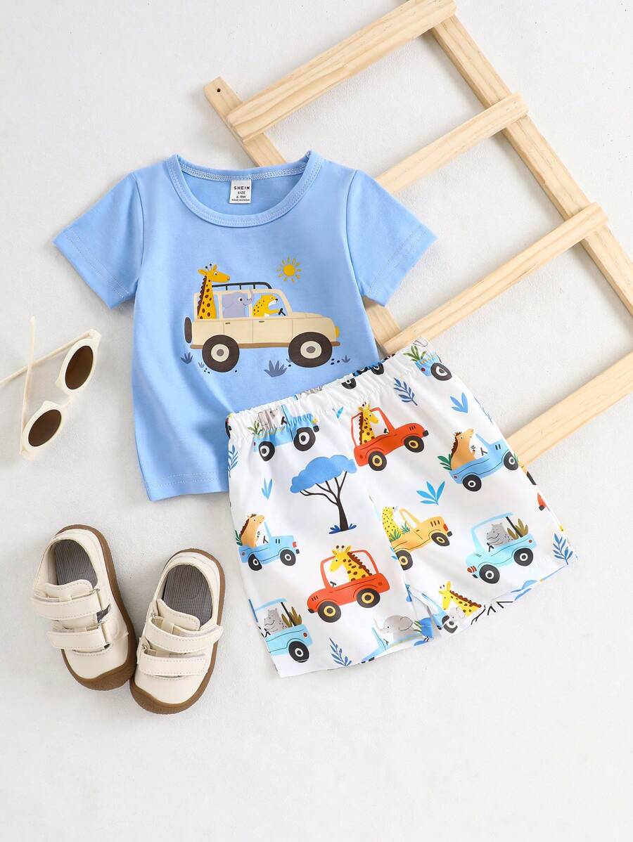 SHEIN Playful Pals Conjunto de bebé y niño pequeño de top de manga corta con estampado de animales y carros lindos, y shorts estampados, adecuado para salidas y uso diario en primavera/verano