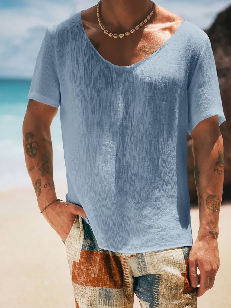 HIMLAND Maglietta casual da uomo a maniche corte, girocollo, a tinta unita, vestibilità morbida e ampia, con motivo a fiori di pesco tessuto