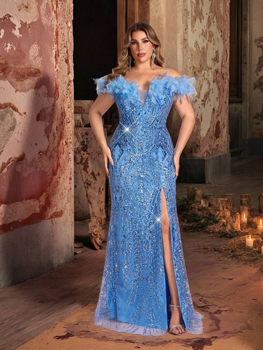 Glamrae Vestito da sera taglio sirena di lusso elegante e romantico, con scollo a V profondo, ricamato con perline e piume, spacco alto e bordo a forma di coda di sirena, in taglia oversize