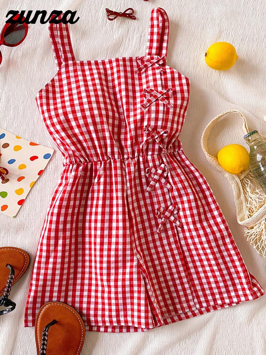 Wildeya Mono con decoración de lazo a cuadros lindos para niñas preadolescentes en verano