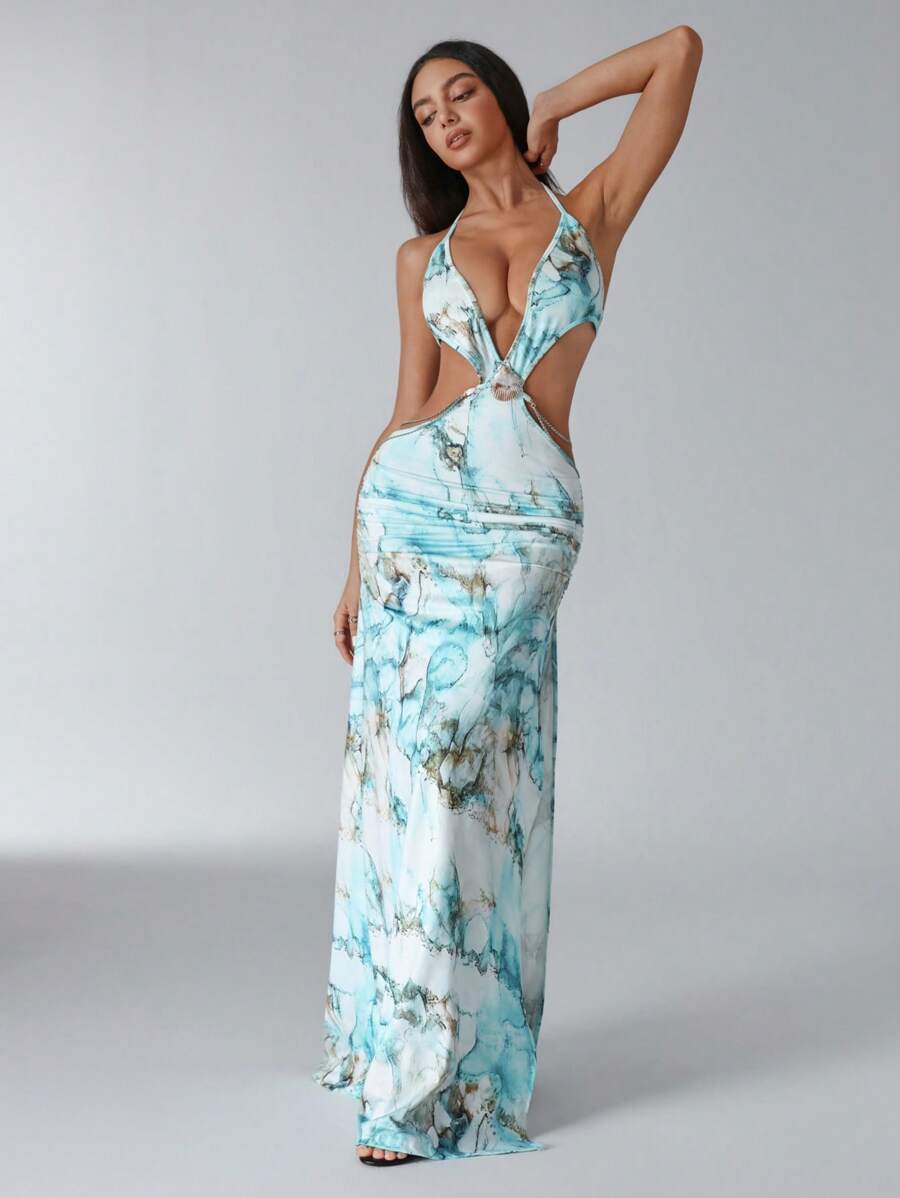 Jeanoix Robe d'été décolletée dos nu avec décoration coquillage sexy