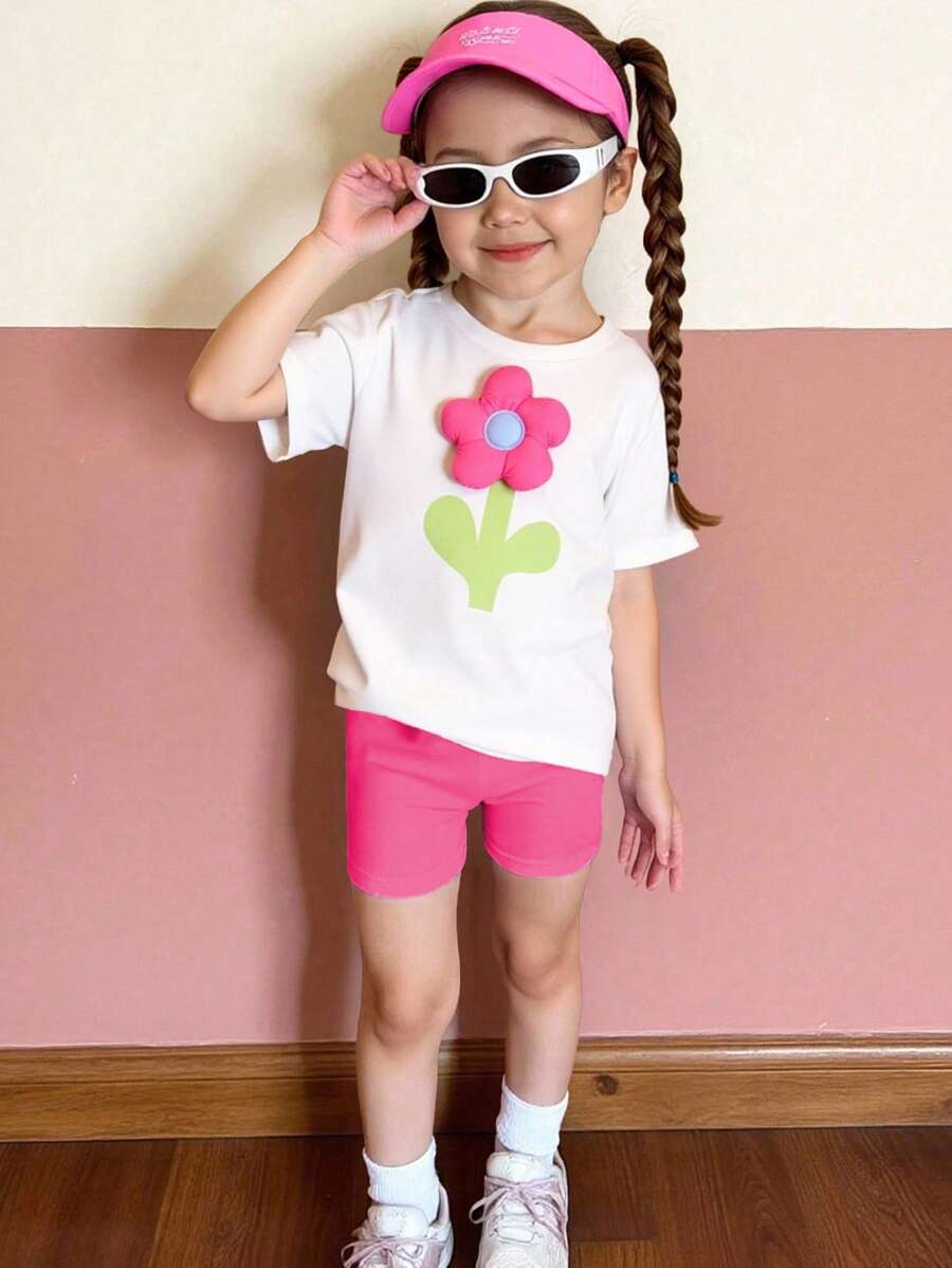 Set de 2 piezas: Camiseta de manga corta con decoración floral delantera + Pantalones cortos deportivos y de ciclismo simples, conjunto de verano casual para niñas