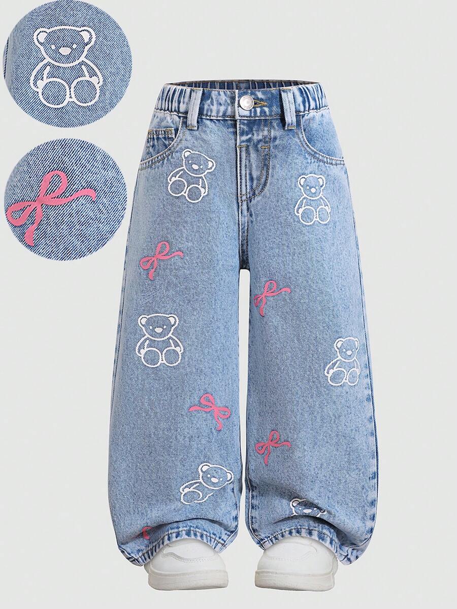 Jeans casual e versatili di moda da strada per ragazze, con stampa carina, lavati, comodi e con gamba larga allentata