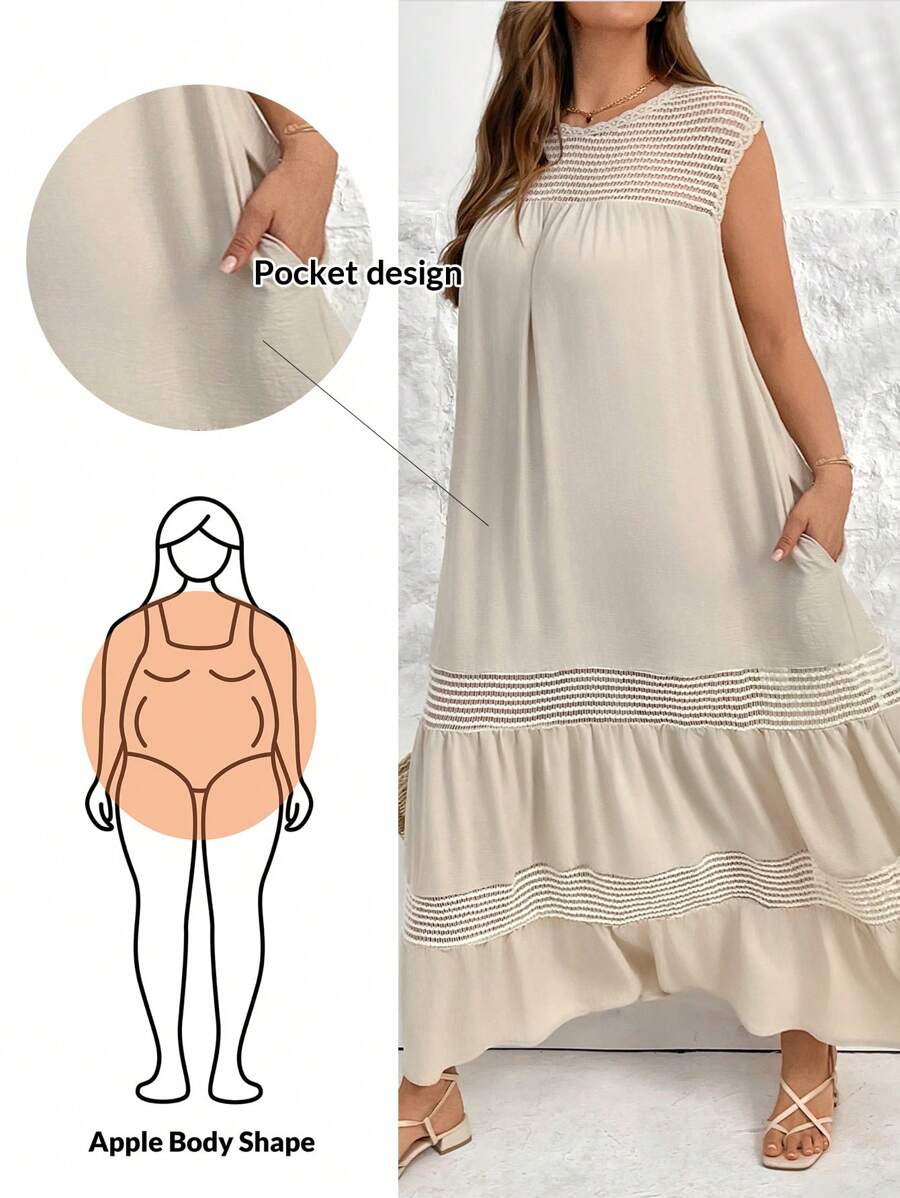 SHEIN Essnce Abito lungo senza maniche, con tasche, in stile casual e comodo, in prospettiva e con effetto traforato, in colore albicocca, adatto a donne in taglie forti per la primavera e l'estate, ideale per la vacanza al mare