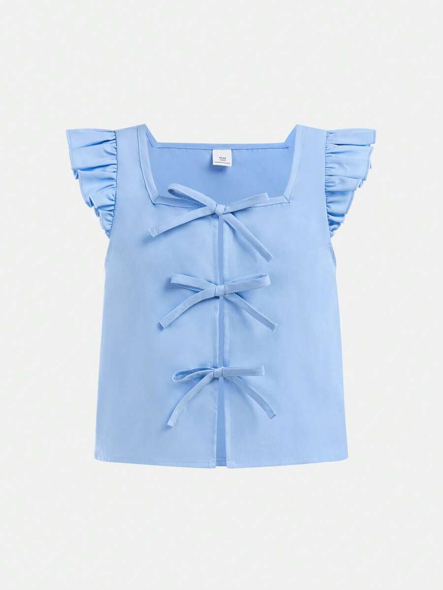 SHEIN Girlism Tween Girls' Casual Vacation Fashionable Cap Sleeve Square Neck Front Bow Decorated Blouse