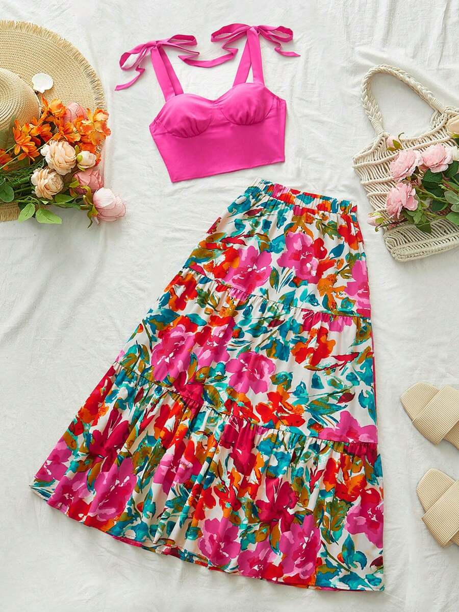 Vivid Eden 2 pezzi Set di moda da donna con canotta corta tinta unita e minigonna con stampa floreale per vacanza