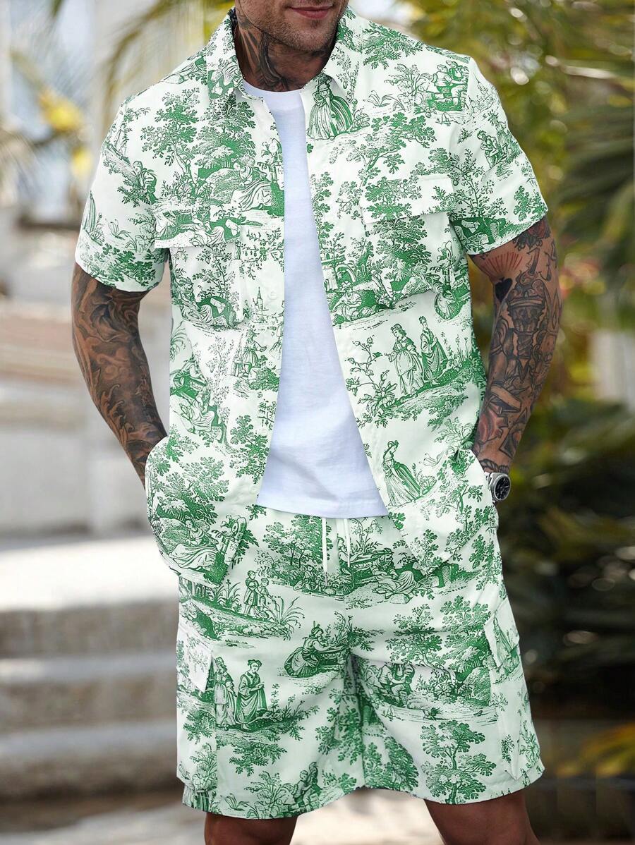 Manfinity RSRT Conjunto informal de camisa de manga corta con estampado de plantas y pantalones cortos para vacaciones de hombre