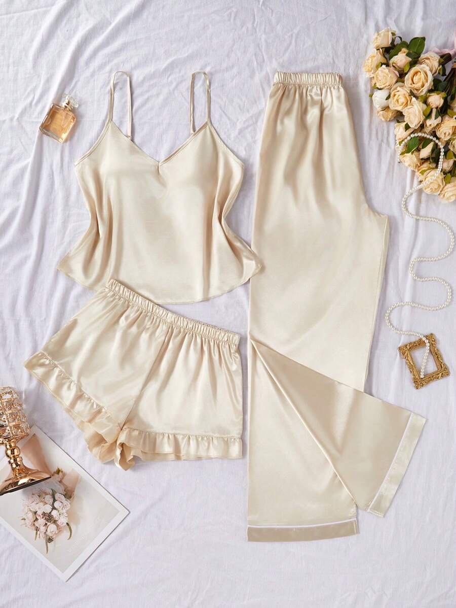 SilkySpell Set de 3 piezas de pijama con camiseta de tirantes, pantalón corto y pantalón largo de unicolor de seda sintética, para vacaciones