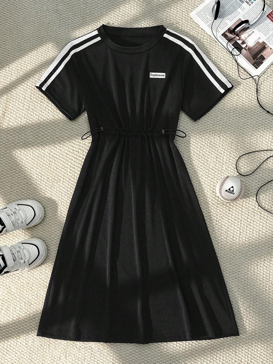 SHEIN Explorewe Tween Girl Casual Colorblock Striped Drawstring Waist Sundress, Summer Active Dress