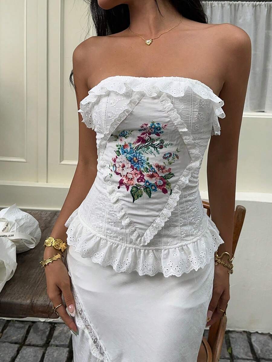 Sunnyshic Top de tirantes bordado con estampado floral elegante sin espalda