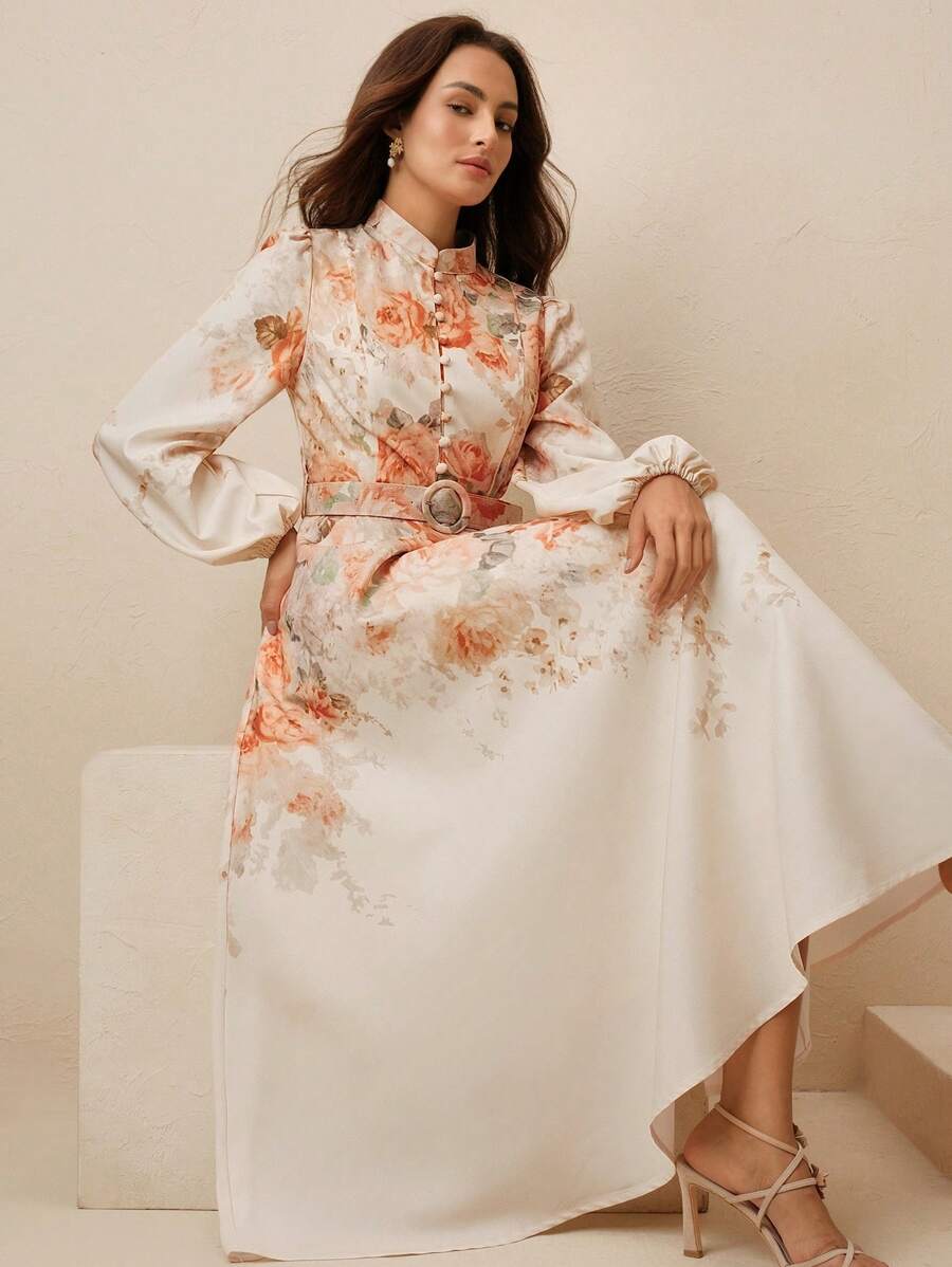 Anewsta Vestido elegante de verano y primavera para vacaciones en la playa, de alta gama, con cuello alto de botones, lazo en la cintura, y mangas farol para mujer