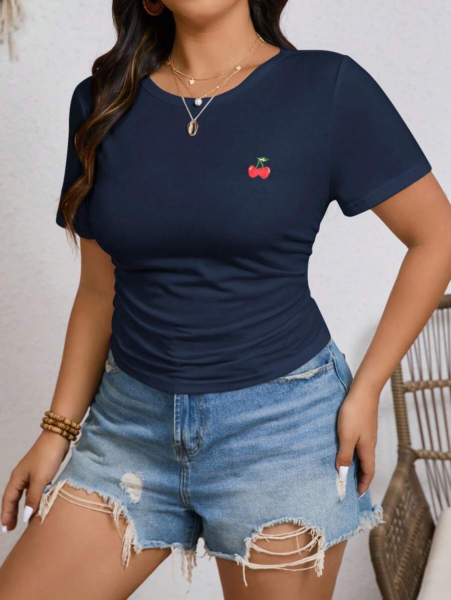 SHEIN Frenchy Plus Size Boho Women's Summer Cherry Embroidery Round Neck Short-Sleeved Ruched Side Casual T-Shirt, Fit, Back To School