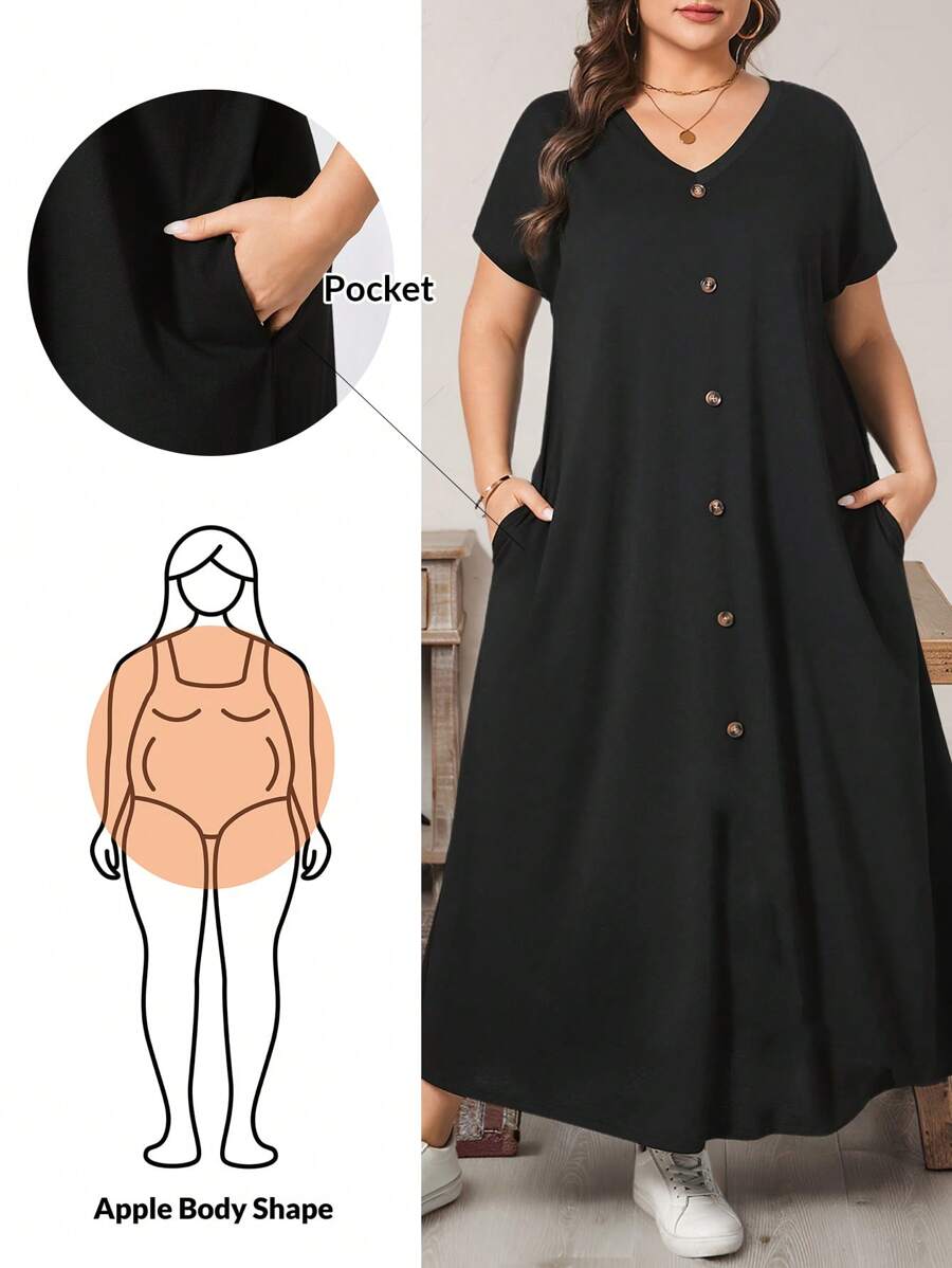 SHEIN Essnce Robe longue ample et confortable à manches courtes noire col en V avec poches, style mode décontracté printemps et été pour les femmes de grande taille. Tenues d'été pour femmes, vêtements d'église pour femmes, style Old Money pour femmes, tenues d'enseignante pour femmes, tenue d'aéroport pour femmes