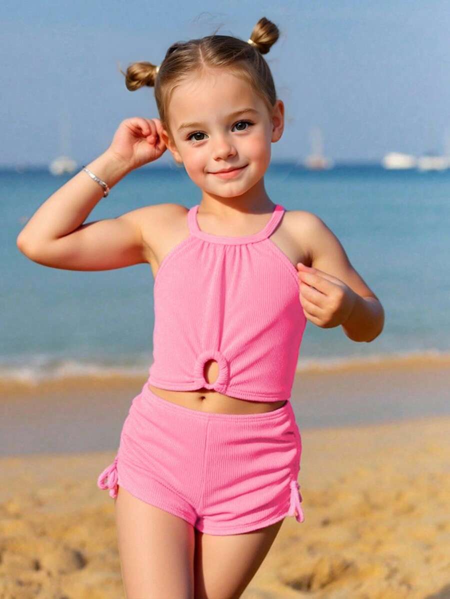 SHEIN Set di costumi da bagno per giovani ragazze, top canotta e pantaloncini di colore unito, modello delicato e carino