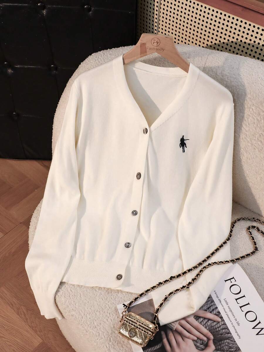 SHEIN Cardigan casual con motivo a cavallo, monopetto, a maniche lunghe, da donna