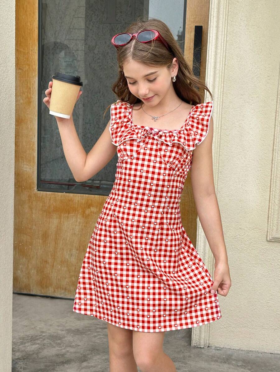 Wildeya Vestido de verano para niña, con detalles de tartán vintage, silueta ajustada y ceñida al Body, diseño de cuello elegante que muestra una estética grácil, ideal para salidas y fotos, ¡una prenda que encantará a las niñas preadolescentes!