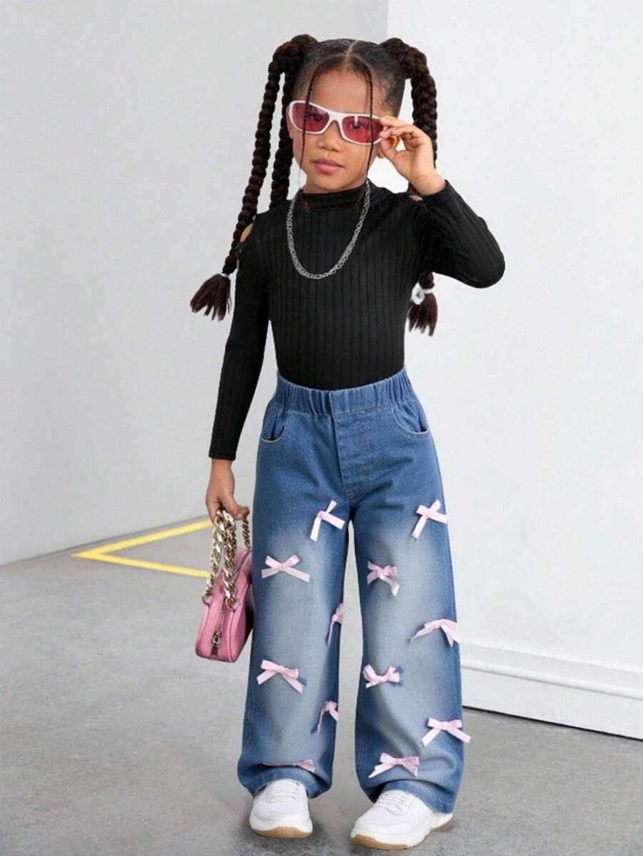 Nuevo conjunto de verano para niñas de 4 a 7 años, pantalones rosas con diseño de lazo hecho a mano y jeans azules anchos de pierna ancha, sueltos y cómodos, adecuados para uso diario al aire libre y de vacaciones