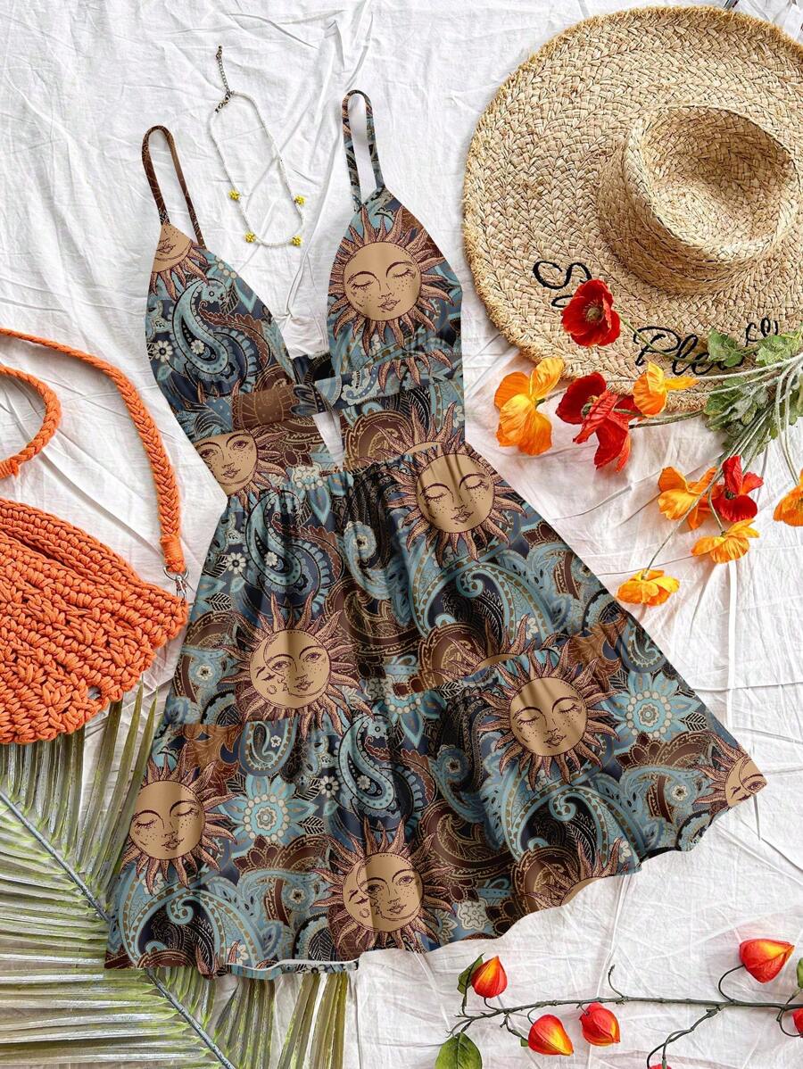 Soleia Casual Resort Style Blue Sun God Paisley & Cashew Retro Pattern Women's V-Neck Hollow-Out, Backless Ruffled Hem Mini Dress, Suitable For Summer Vacation,Boho Clothes Women