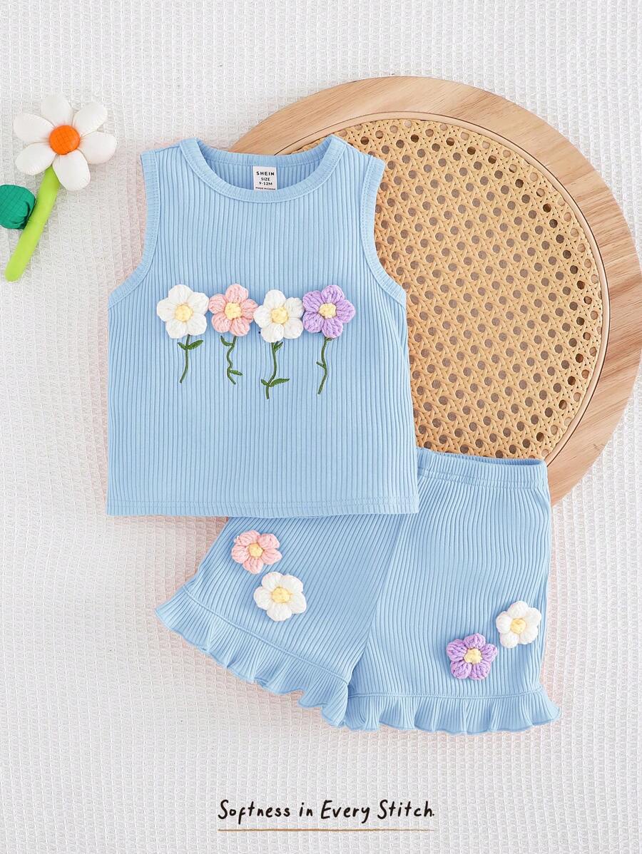 Cozy Pixies Baby Girl 3D Floral Round Neck Sleeveless Pullover Top And Elastic Waist Shorts 2pcs Set