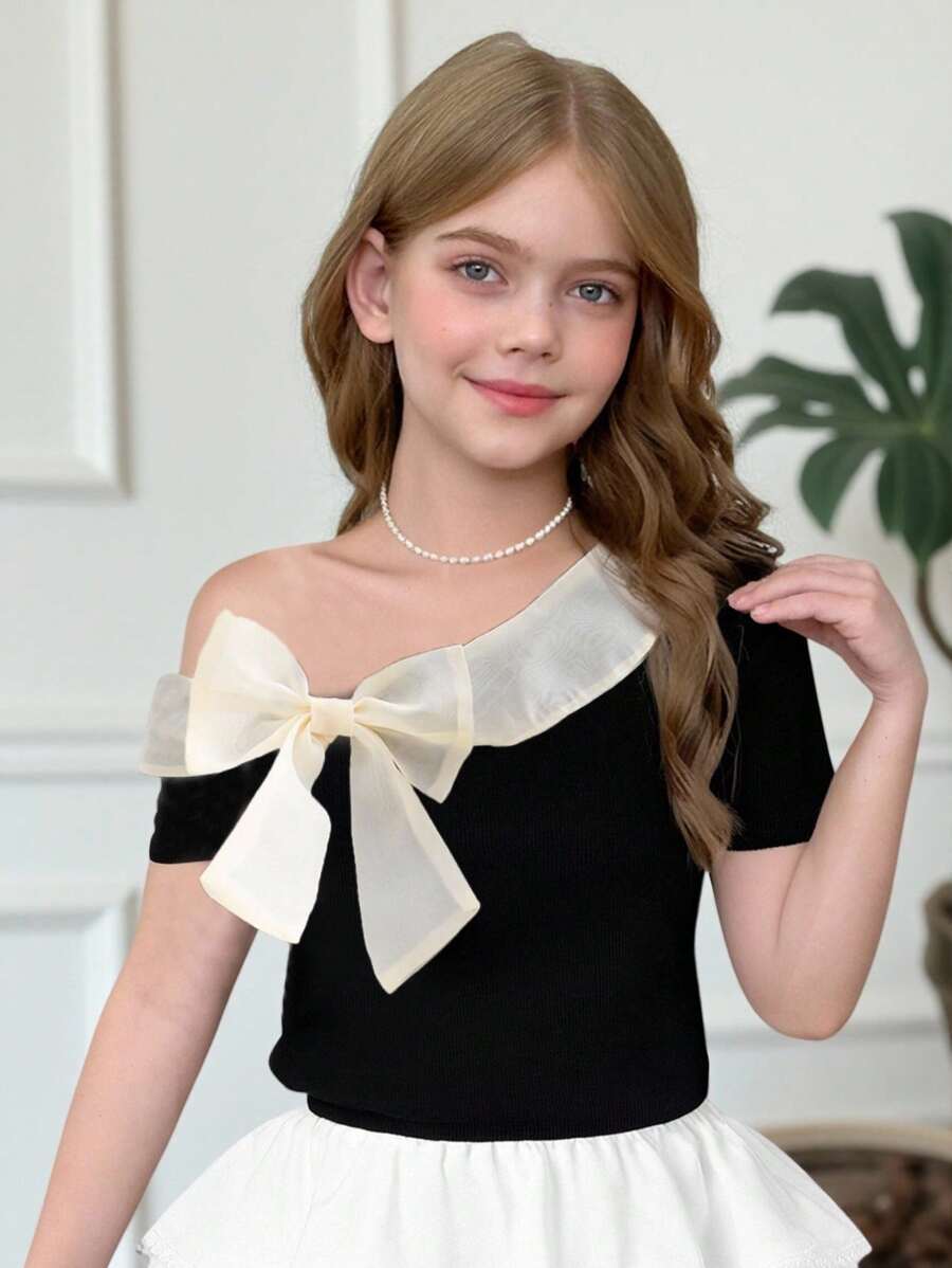 SHEIN Maglietta aderente a maniche corte con decorazione a fiocco sulla spalla, stile elegante signorile per ragazze adolescenti