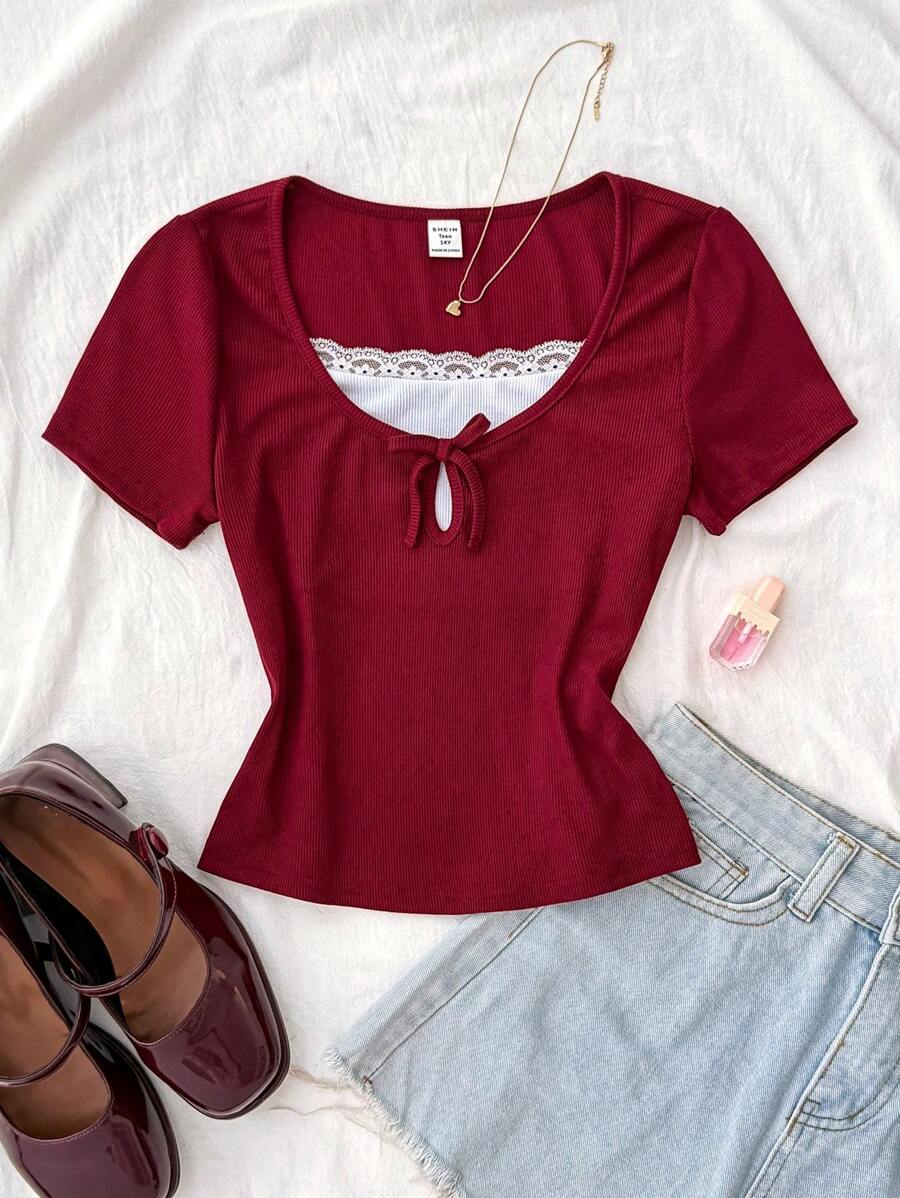 Teens Girls Spring Summer Valentine's Day, Casual Home, Clean Girl, American BM Style, Y2K, Burgundy And White Color Block Ribbed Knit Lace Ruffle Bowknot Fitted Short Sleeve T-Shirt Red Tops For Teen Girls Cute Tops Teen Girl Red Ribbed Top