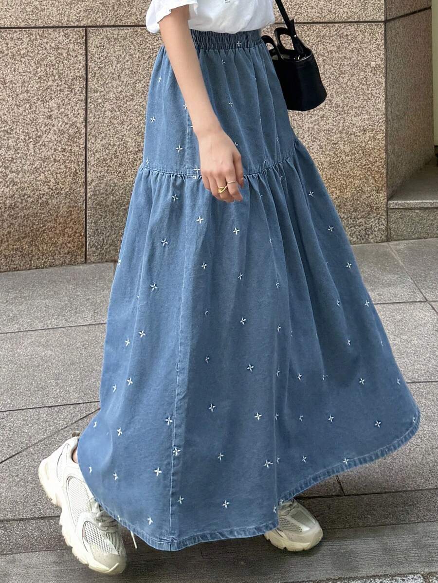 FRIFUL Women's Elastic Waist Embroidered Pleated Skirt, Casual Versatile Airport Travel Holiday Outfit