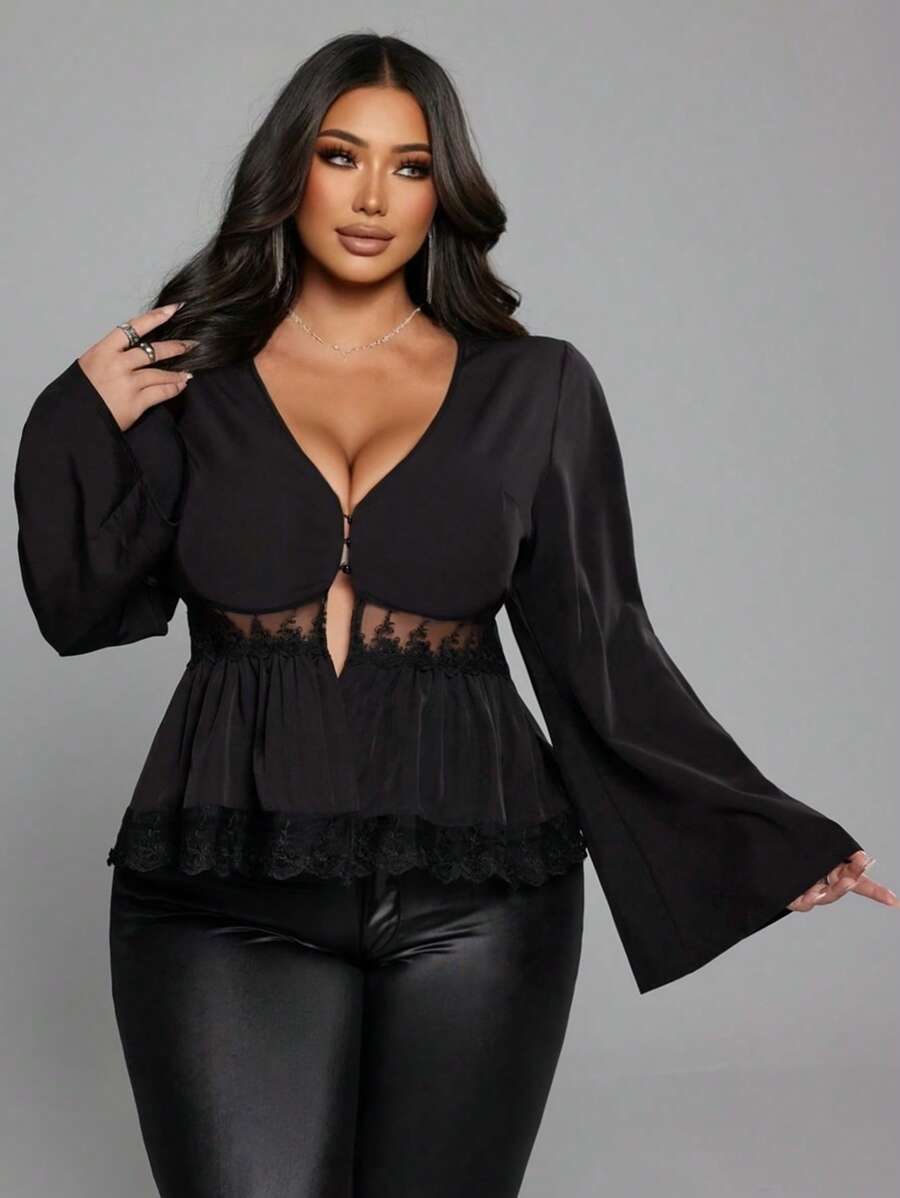 Franclia Plus Size V-Neck Lace Patchwork Ruffle Hem Long Sleeve Blouse