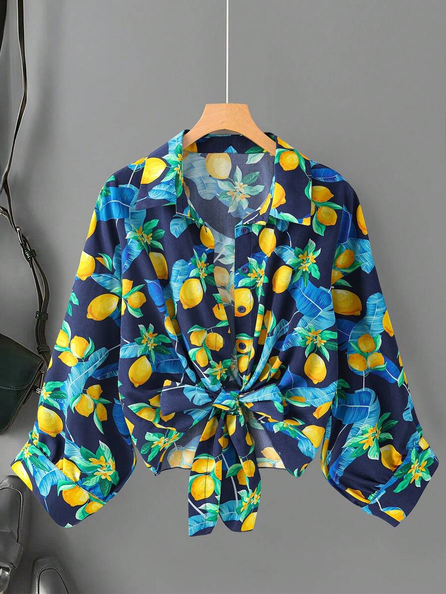 SHEIN LUNE Cămașă casual cu un singur nasture, mărime plus, imprimeu cu lămâie, mânecă lungă