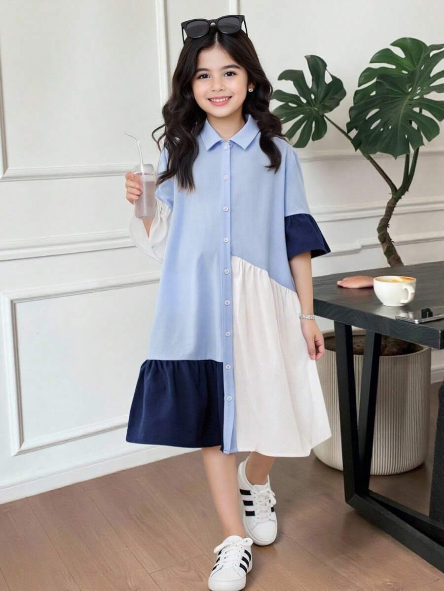 SHEIN Vestido ajustado con mangas de volantes, recortes y volantes para niñas preadolescentes en color liso, casual, adecuado para volver al colegio y uso diario