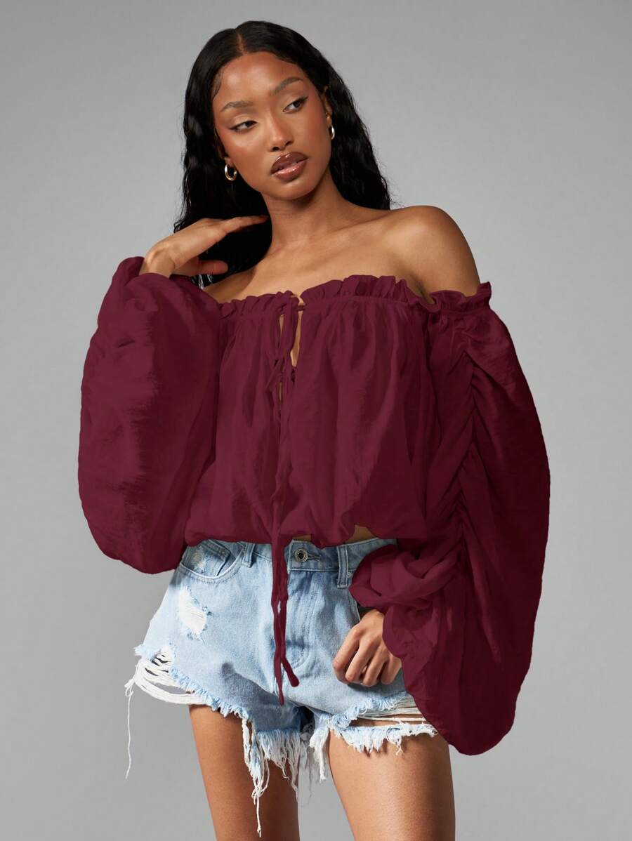 MISSGUIDED Camicetta boema con spalle scoperte, arricciature, maniche a palloncino voluminose e balze, top corto adatto per autunno, primavera e festival