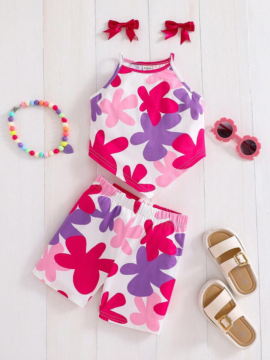 SHEIN Conjunto Casual de Menina Jovem com Regata Floral e Shorts com Barra Irregular, Confortável e Minimalista