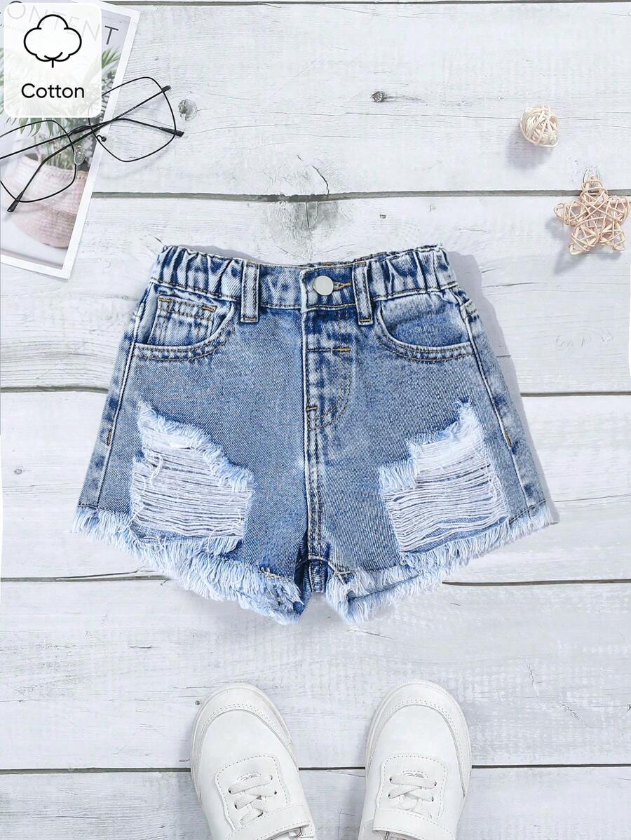SHEIN شورت جينز مزمل بتصميم مفزع للفتاة الصغيرة، متعدد الاستخدامات، سريع الجفاف، مناسب لفصل الصيف