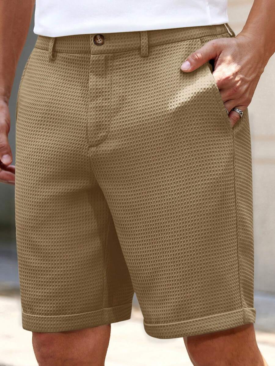 Manfinity VCAY Men's Woven Solid Color Mid-Waist Straight Leg Shorts, Suitable For Daily Wear, Spring/Summer Men Khaki Shorts Mens Work Shorts Men Brown Shorts Khaki Bermudas Mens Textured Shorts