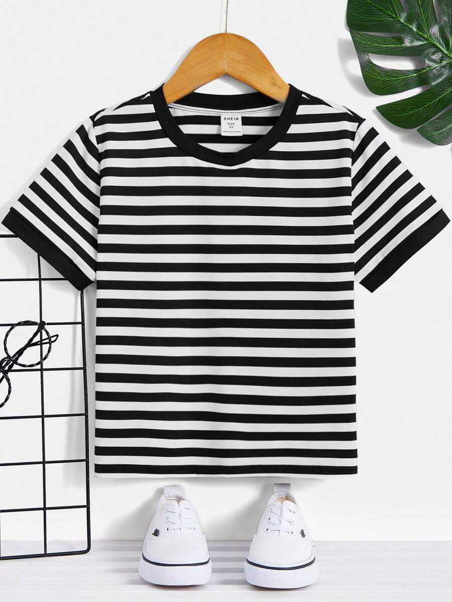 SHEIN Bluză casual lejeră, confortabilă, versatilă, cu mânecă scurtă, cu dungi, pentru băieți tineri