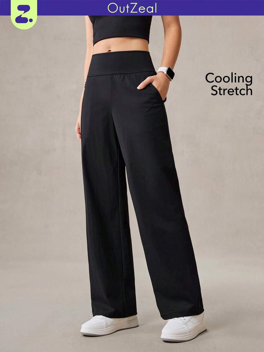 OutZeal Pantaloni a vita alta, diritti, con tasche laterali, in maglia fresca, per uso casual quotidiano