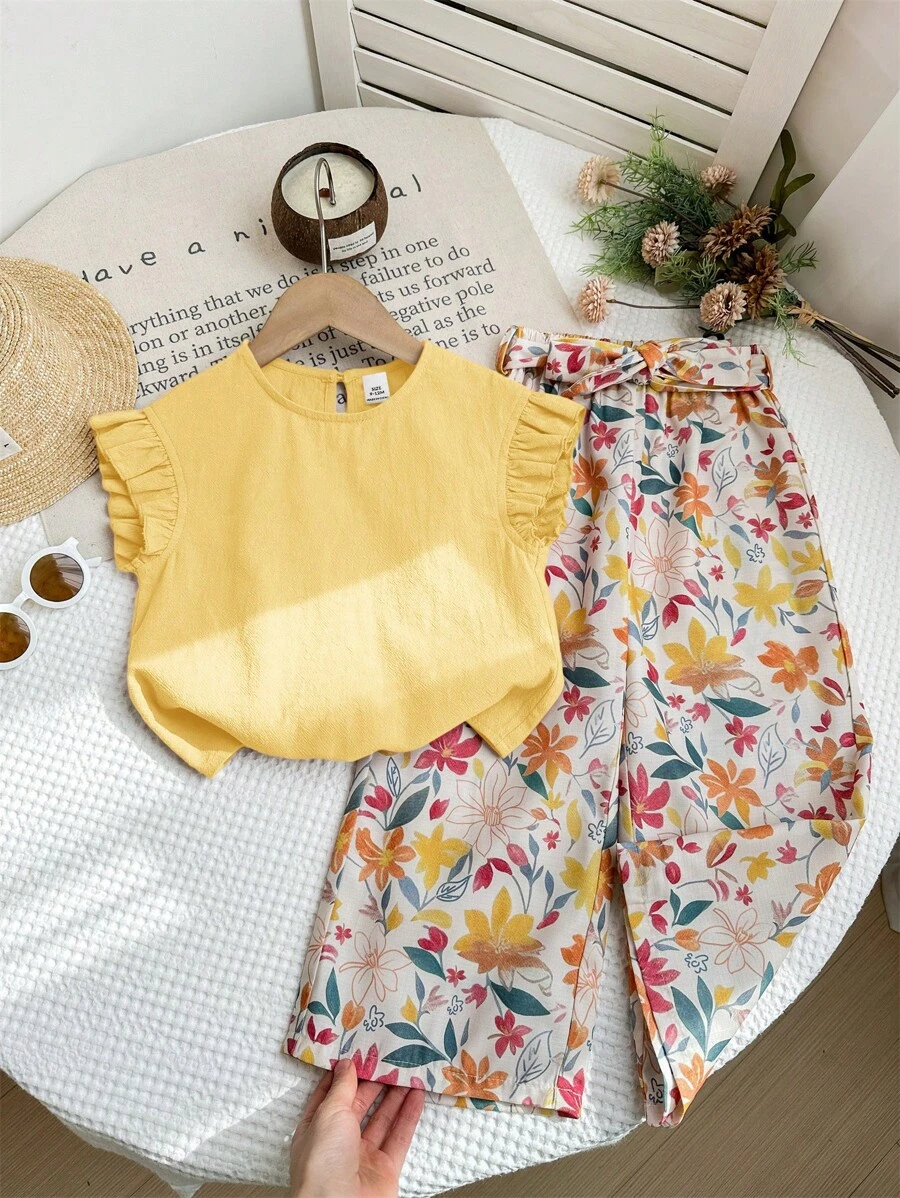 LMoss Kids 2 Stücke Baby Mädchen Set aus gewebtem einfarbiges gerüschtem Top und lässiger Hose mit kleinen Blumen Muster