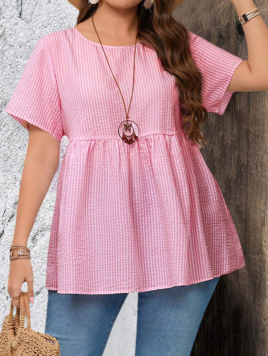 EMERY ROSE Blusa da donna taglie forti, a maniche corte, con stampa a righe e collo rotondo, adatta per l'estate