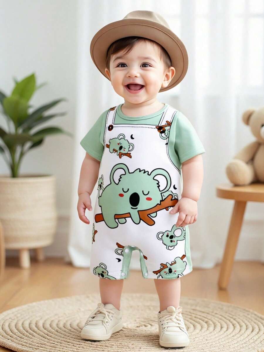SHEIN Playful Pals Unisex Neugeborenen Baby Jungen Mädchen Outfit 2 in 1 Koala Muster Romper, geeignet für alle Anlässe im Sommer, niedlicher Koala Muster macht Baby noch süßer