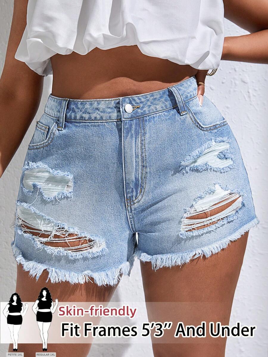 SHEIN PETITE CURVE Pantalones cortos vaqueros azules con efecto desgastado y talla grande para mujer, conjunto de vestimenta de verano, para el 4 de Julio, Día de la Independencia, shorts de talle alto, jeans de talle alto, shorts vaqueros de vaquera, con cintura elástica