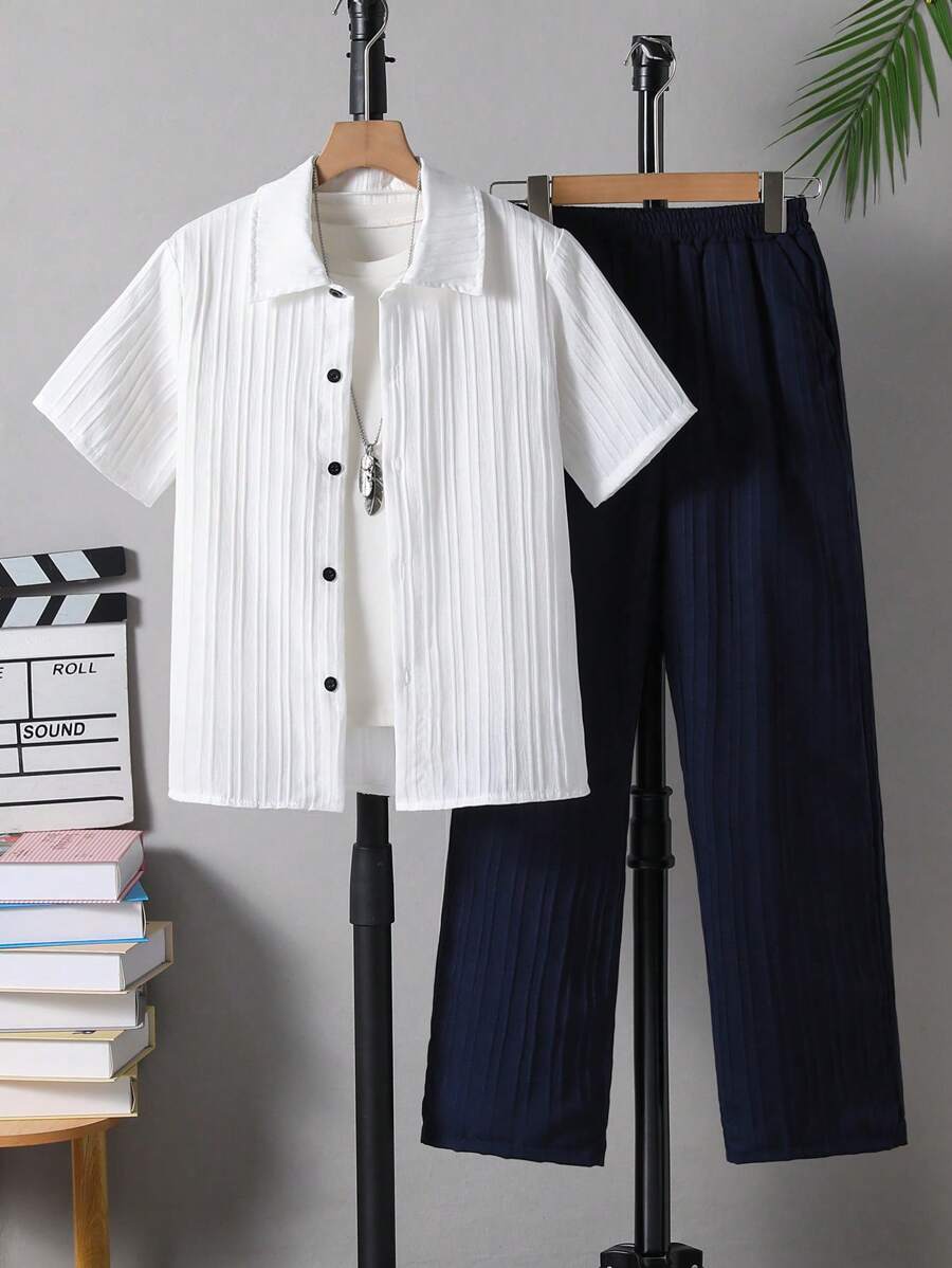 2pcs/Set Tween Boy Wave Jacquard Fabric White Shirt And Black Straight Leg Pants Outfit, Soft And Comfortable Lightweight Fabric, Suitable For Summer Outing, School, Various Occasions, Fashionable And Sunny Boy's Set, Black And White Combo Children's Set, Must-Have Summer Young Boys Suit Set Youth Boys Suit Youth Boys Shirt Young Boys Pants Young Boys Whie Suits